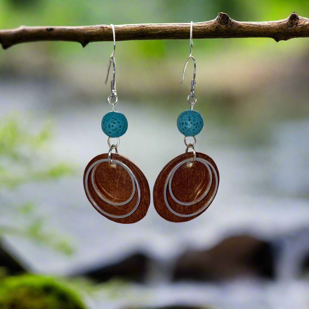 Wood and Silver Circles with Aromatherapy Stones, Essential Oil Earrings